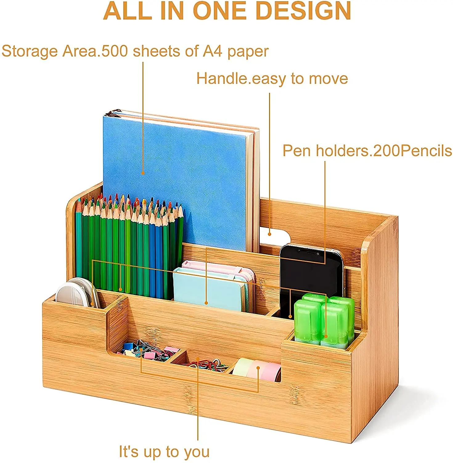 Bamboo Desk Organizer All-in-One Office Desk File Organizer With Pen Holder, 9 Compartment Organizer