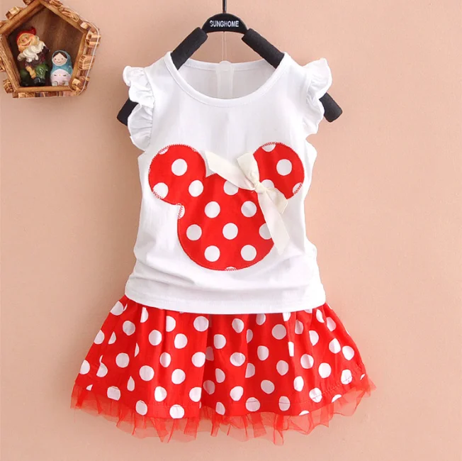 Girls Lovely Style Cartoon Fly Sleeve Top Polka Dot Mesh Skirt Summer Set