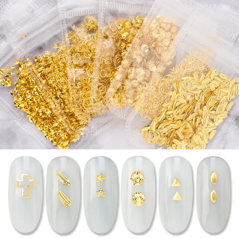 NC09 Metal Rivet 3D Nail Charms Hollow Frame Star Moon Plumage Shell Heart Metal Patch Manicure Jewelry For Nail Art Decoration