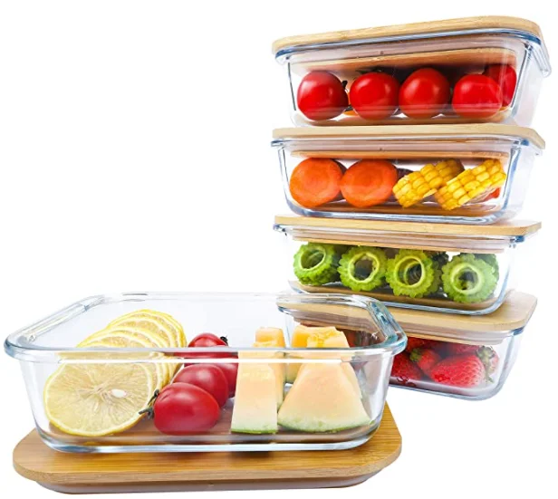 Kitchen Rectangle glass meal prep food storage container set lunch box lunchbox with bamboo wooden lid