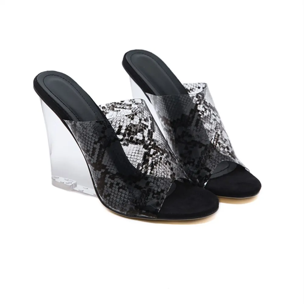 
DEleventh shoes women New see-through Serpentine Crystal Wedges Super High Heel Mueller Shoes 3 colors black blue brown 