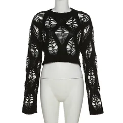 New Arrivals 2023 Long Sleeve Knit Sweater Top Women Hollow Out Knitted Crop Top Ladies Knitting Boutique Clothing