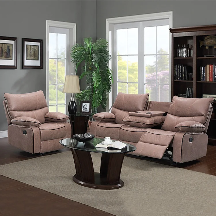 CY Palomino Fabric Recliner Chair Loveseat with Cup Holder 3 Seater Recliner Sofa with Drop Down Table