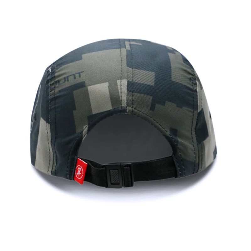 Premium Custom Flat Embroidery Full Camo Printing Nylon Private Label Adjustable Buckle Strap Five Panel Camp Hat
