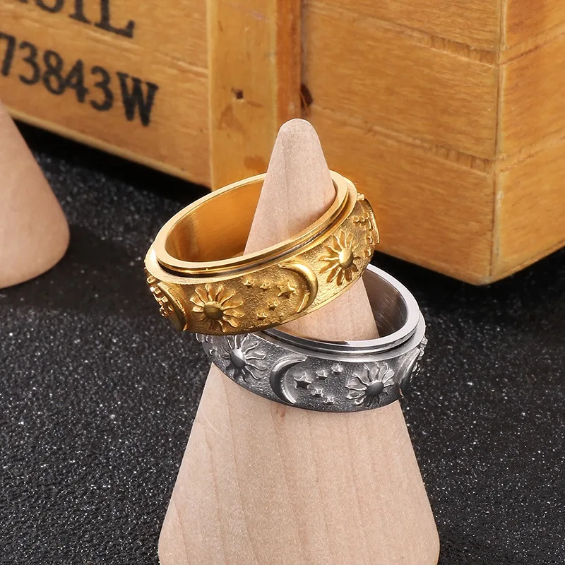 Hot Sale Fashion Men Women Rings Stainless Steel Rotatable Spinning Ring Star Sun Moon Bohemian Rings