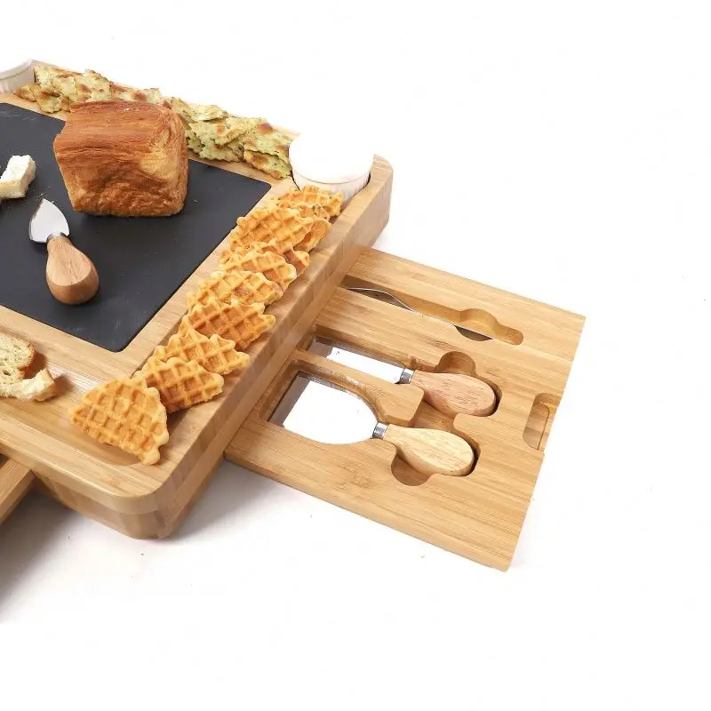 
Bamboo Wine Cheese Serving Tray Handles Plus Drawer Cheese Knives cutting stone board kitchen chop board with black stone 