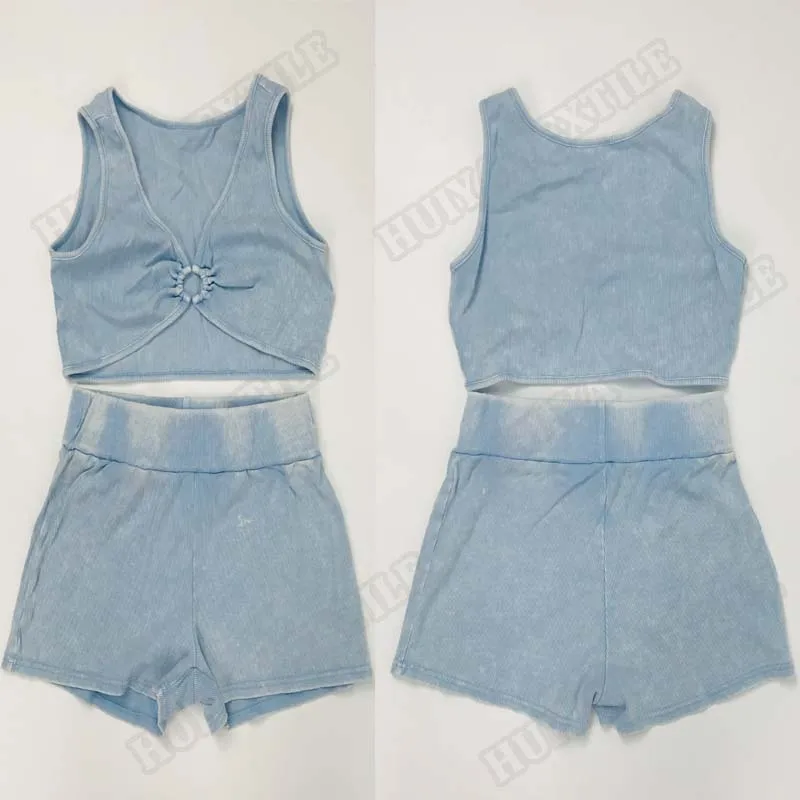 Striped Short Sets Sleeveless Ribbed Washed Summer Halter Backless Crop Top And Shorts Women Two Pieces Sets Matching Sets