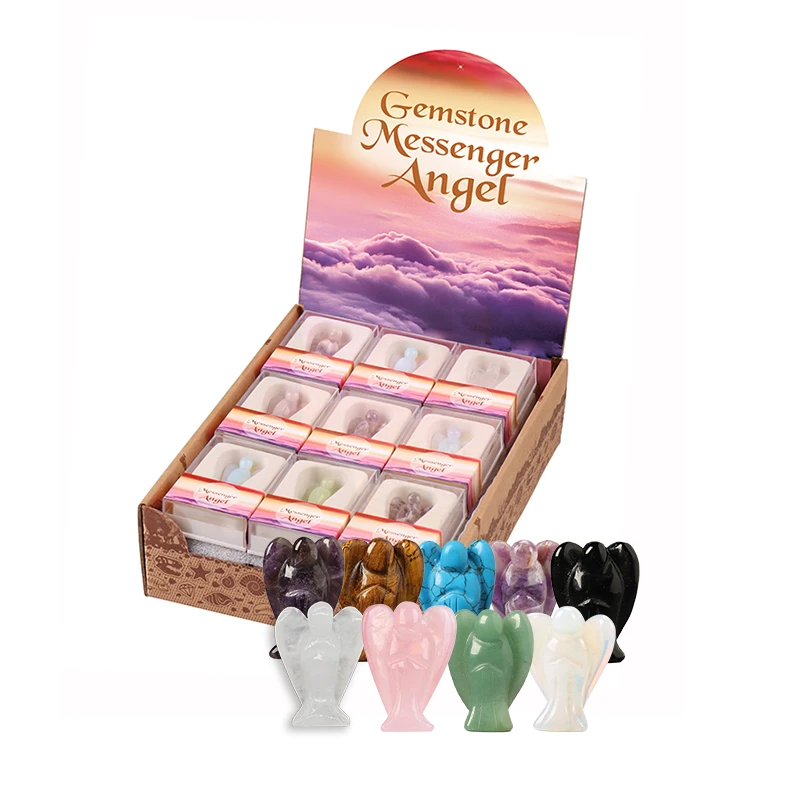 1.5 Inch 4cm Crystal Angel Wing Clear Rose Quartz New Jade Amethyst Stone Guardian  Carved Female Carvings Angels With Box