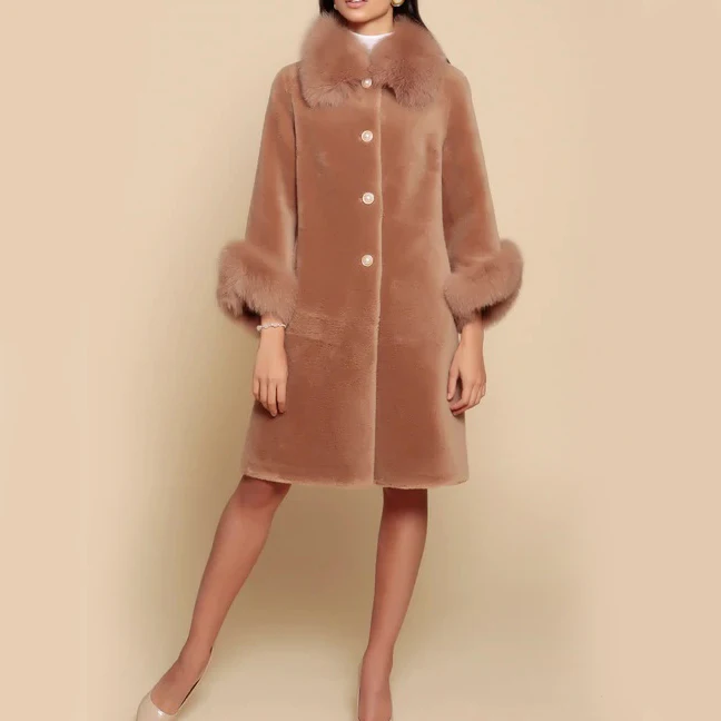 OEM/ODM women Grey Full-length Women Alpaca Wool Coat With Real Fox Fur