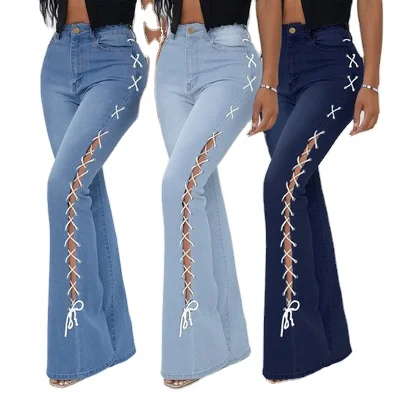 Drawstring Denim Jeans Women Ripped Hole Stretch Jean 2021 Sexy Slim High Waist Ladies Full Length Pencil Pants