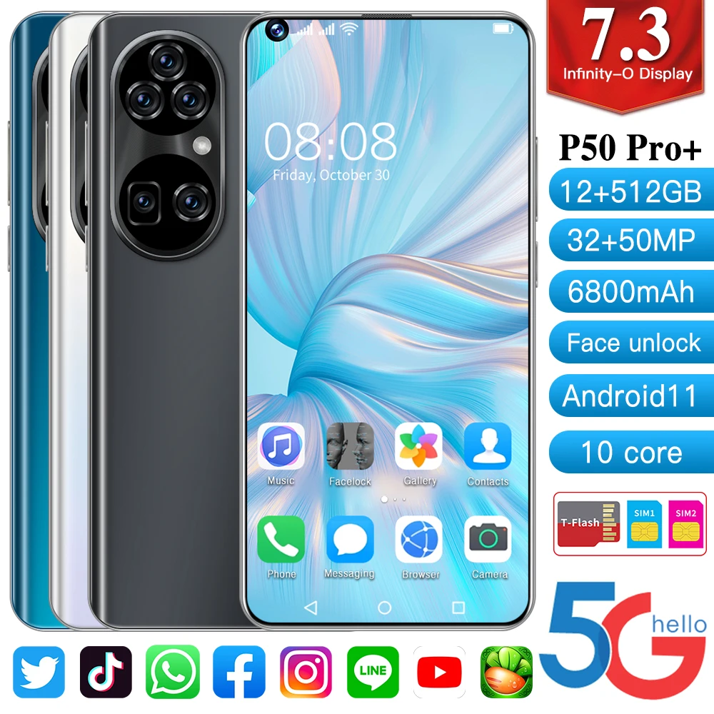  2021New Горячий Модный чехол для телефона с изображением P50 Pro + 12 Гб 512 ГБ Android сотовый телефон Dual SIM мобильный смарт-телефонов 7 3 дюймов