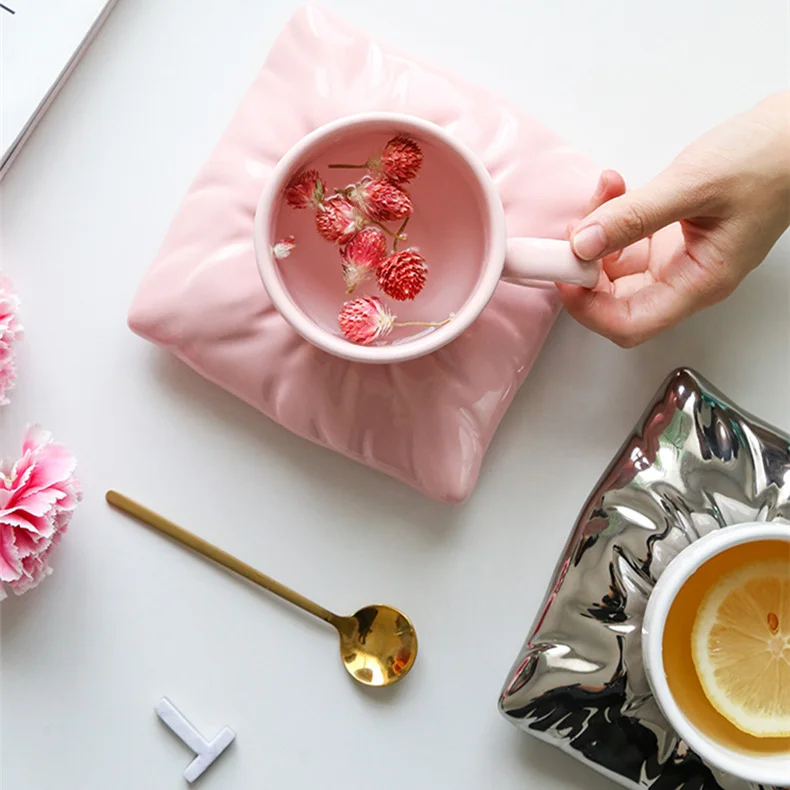 Unique Novelty Pillow Ceramic Mug With Saucer Milk Mugs Ceramics