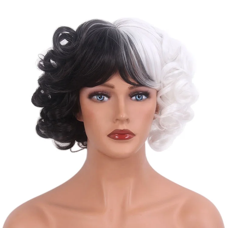 2023 Hot Cosplay Deville Wigs for Women Glueless Synthetic Costume Cruella Wig 12' Short Black and White Wigs