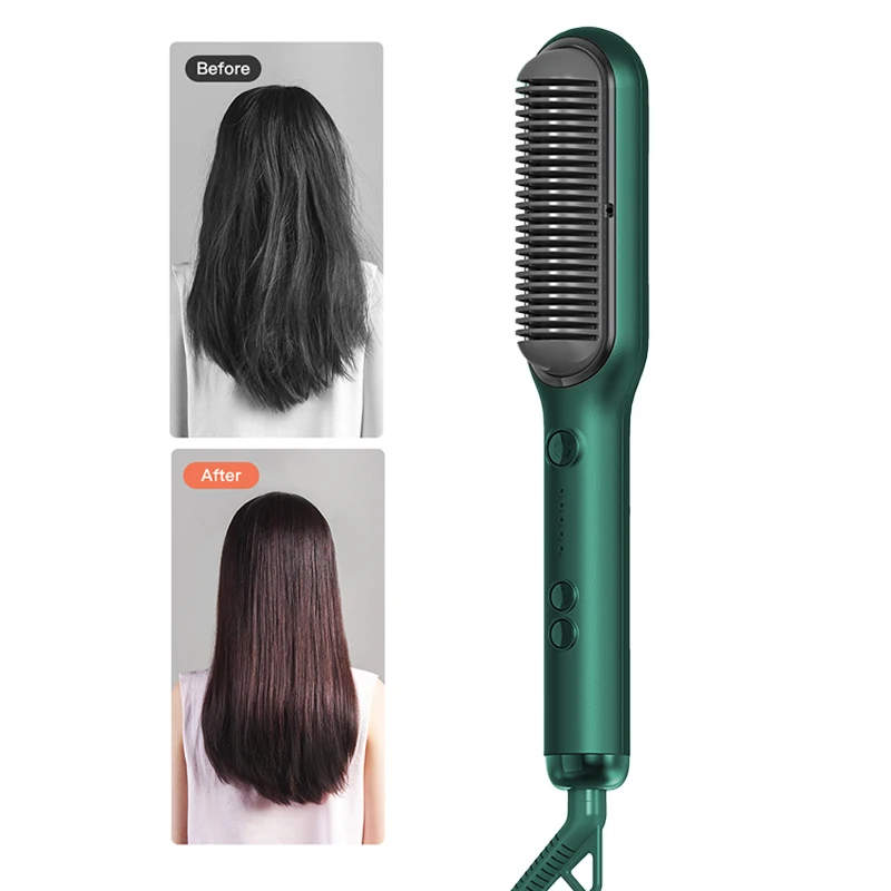 2023 negative ion ptc ceramic flat iron electric hot 2 in 1 hair straightener and curler brush comb