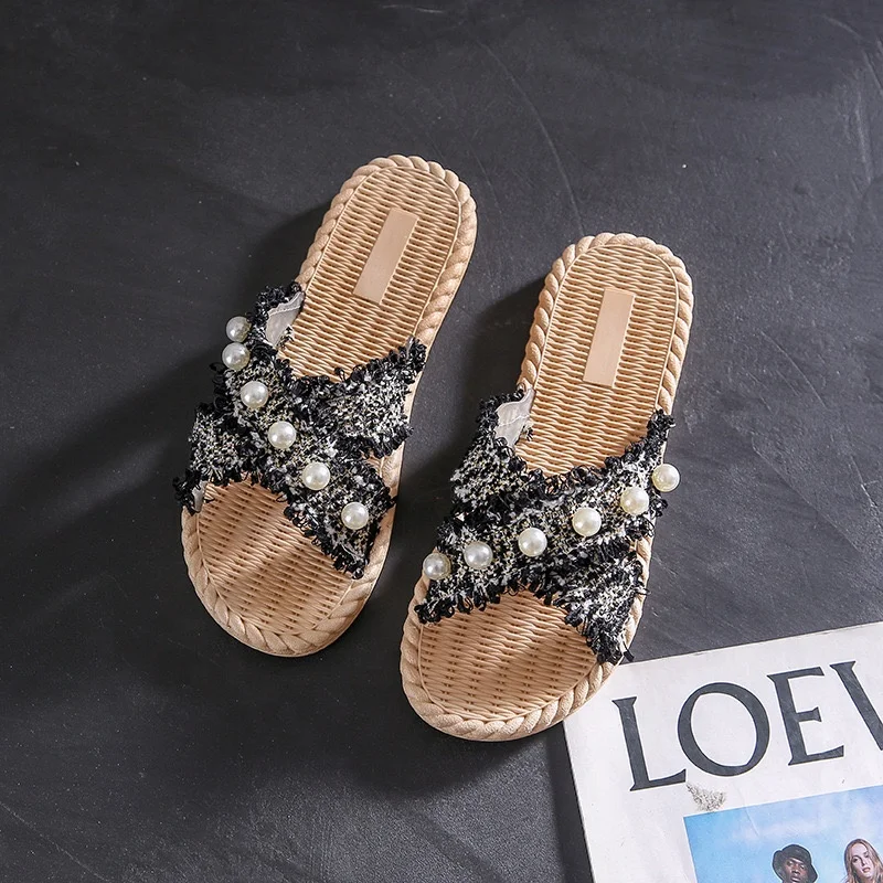 summer woman ladies girls fashion pearl cross strap flat slipper beach slide sandals