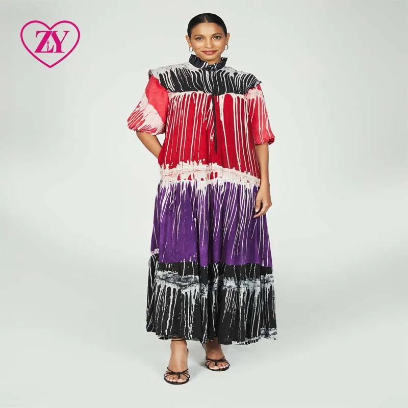 Flowy Tie Dye Maxi Dress with Puff Sleeves for Casual Summer Outings Comfortable African Print Maxi Dress for Women