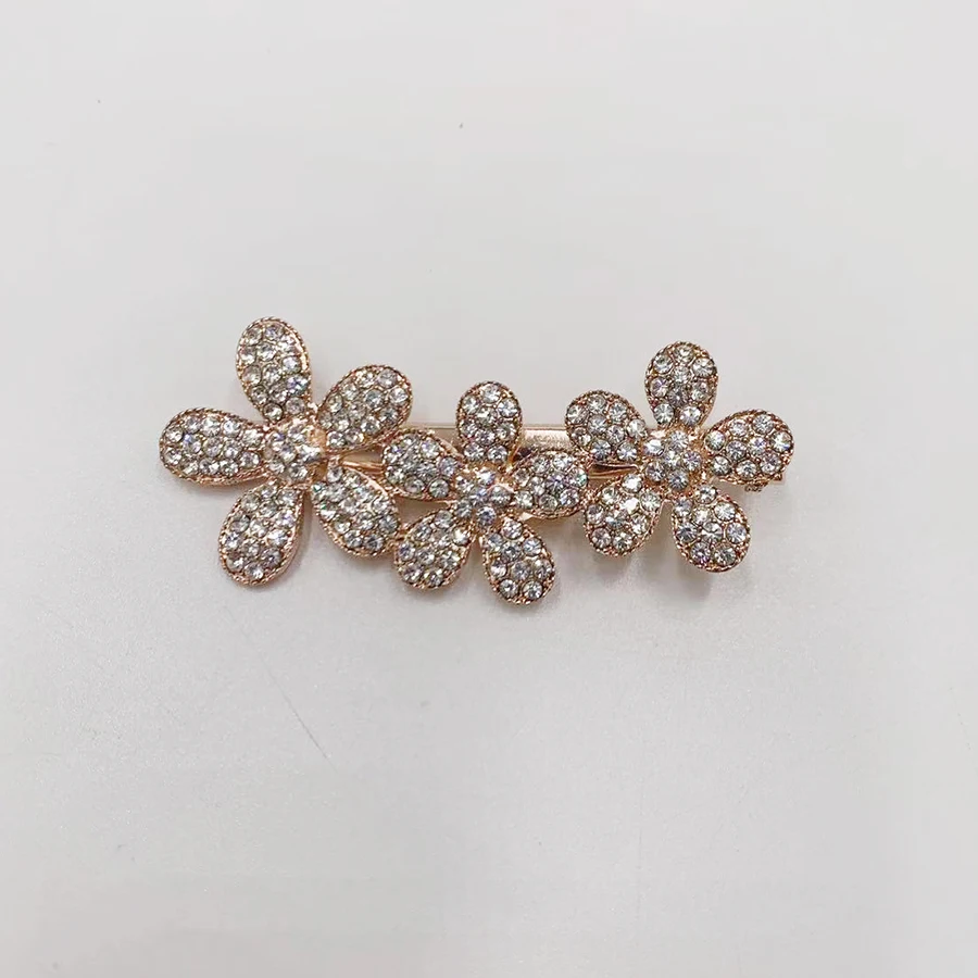 Hot Fashion Rose Gold Zinc Alloy Hair Clip Rhinestone Glass Stone Side Clip Flower Hair Clip Accessories