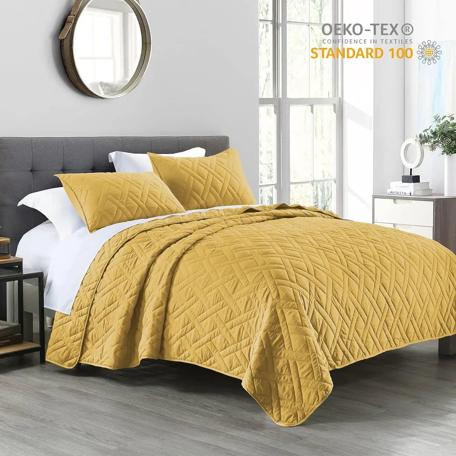 Hot Sale Mustard Yellow 100% Cotton Stitching Quilt Set Include 1 Quilt  2 Pillow Covers Simple soft Breathable for All Seasons