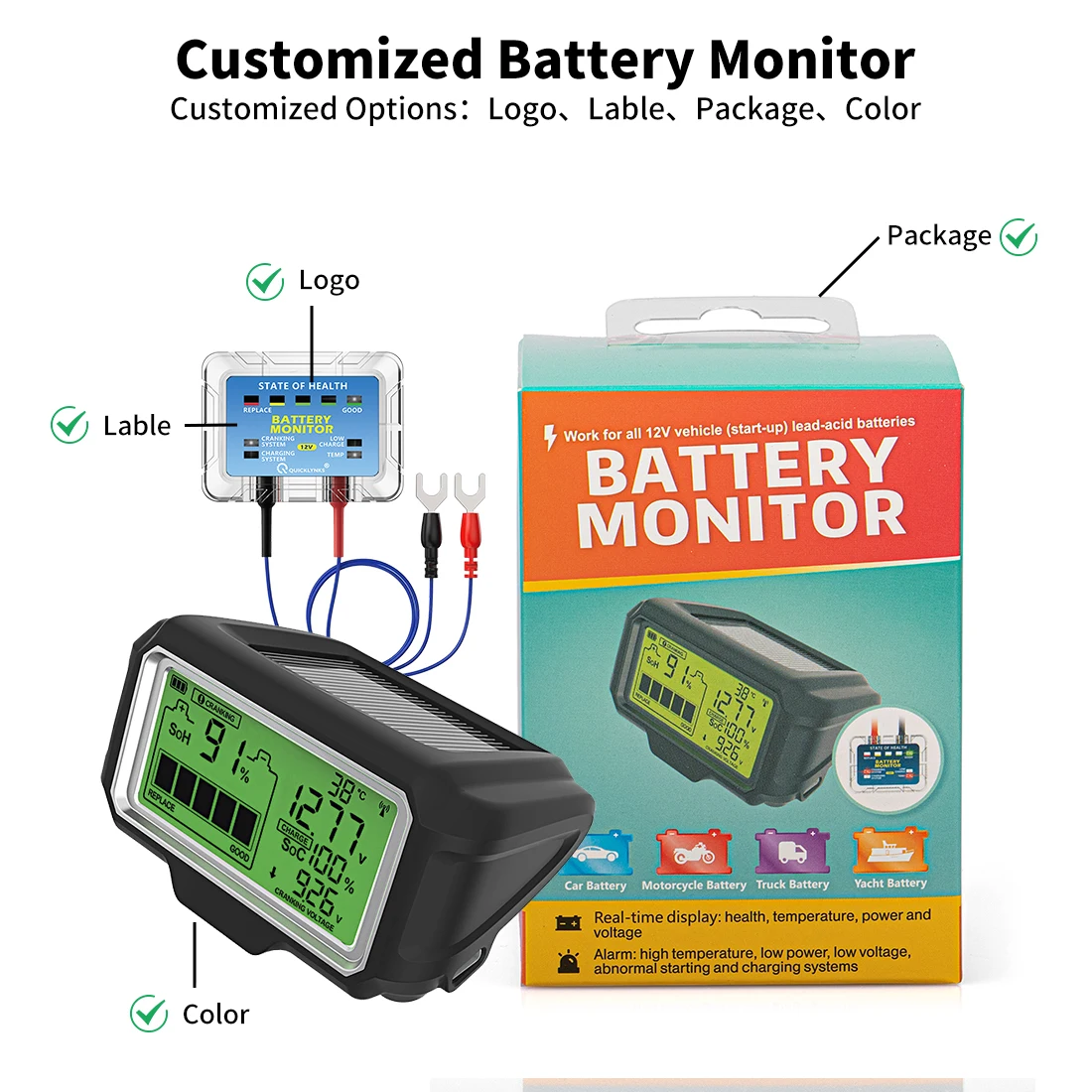 QUICKLYNKS BM5-D 12V LED Battery Tester Monitor Battery Health Tester Analyzer Charging Test Diagnostic Tool