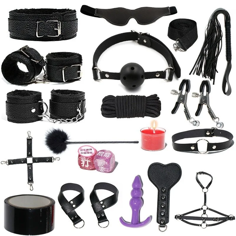 18 piece set Leather Bondage Kit SM Passion Fetish Bed Restraints BDSM Handcuffs Gag Whip Collar Sex Play Bondage Set