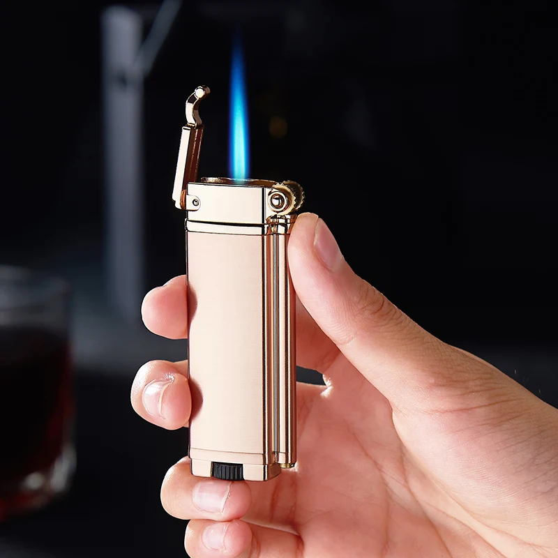 F097 focus fashion grinding wheel windproof gas refillable multi-color metal lighter grinder with blue flame