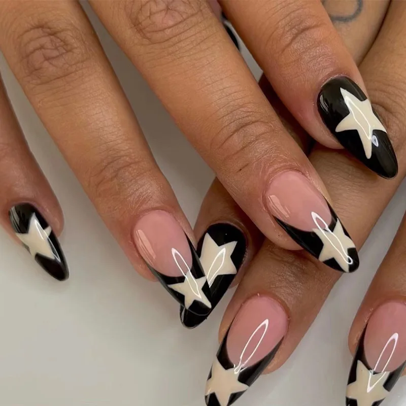 New Design Press On Nails Black Star French Tip Style Artificial Fingernails Custom Press On Nails 24Pcs/Set With Glue