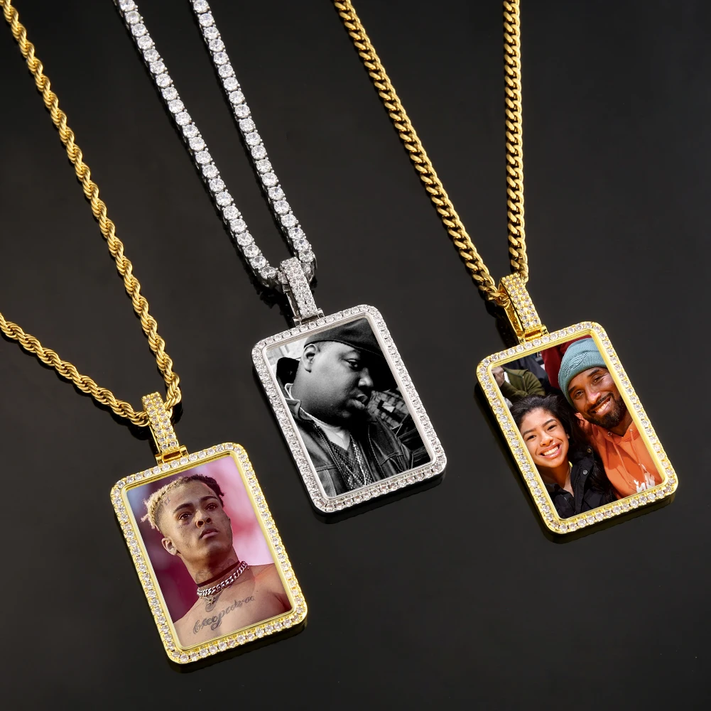 Custom Made Cubic Zirconia Sublimation Metal Necklace Gold Plated Family Pendant Picture Photo Charm Necklace for Photo