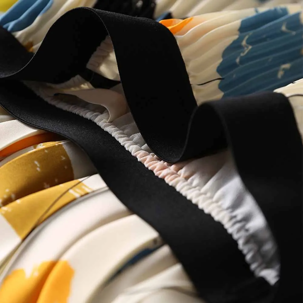 Korean Elastic Waist Printed Summer Skirt VD3099 Elegant High Waisted Women Pleated Long Midi Skirts in Black