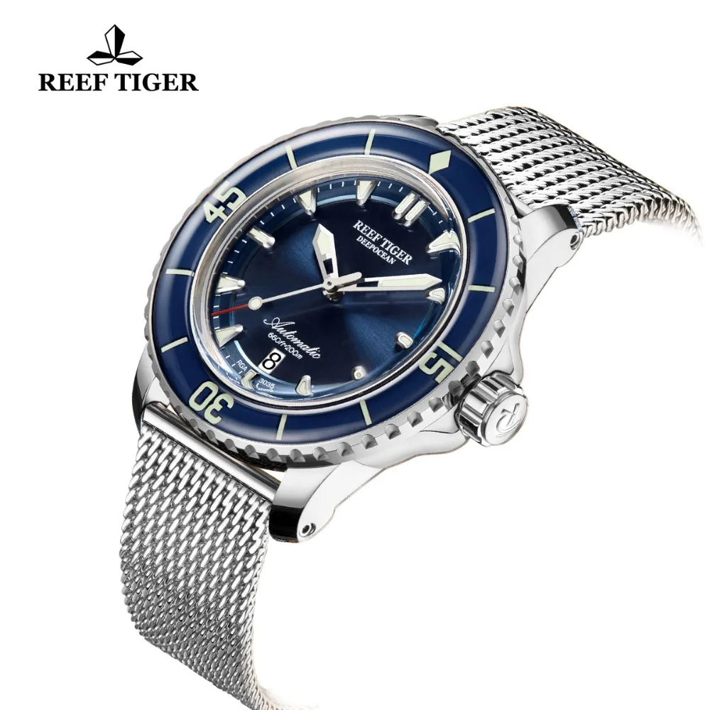 
Reef Tiger Top Brand Mens Mechanical Dive Watches Sapphire Crystal Bracelet Watches Blue Luminous Watch Waterproof RGA3035 
