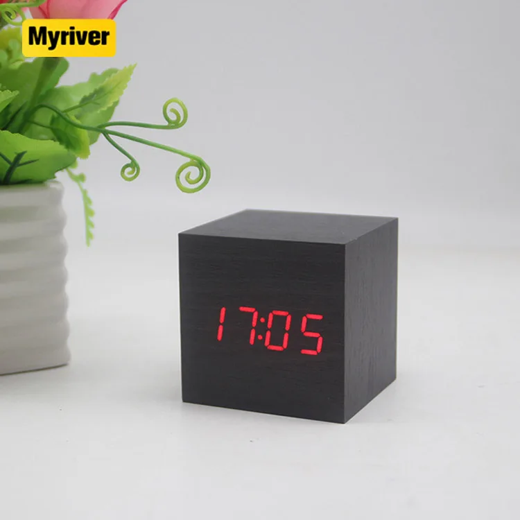 Myriver Wood Digital Alarm Clock Led Time Display Cube Clocks With Usb For Bedroom Desk Office Desk Decoration