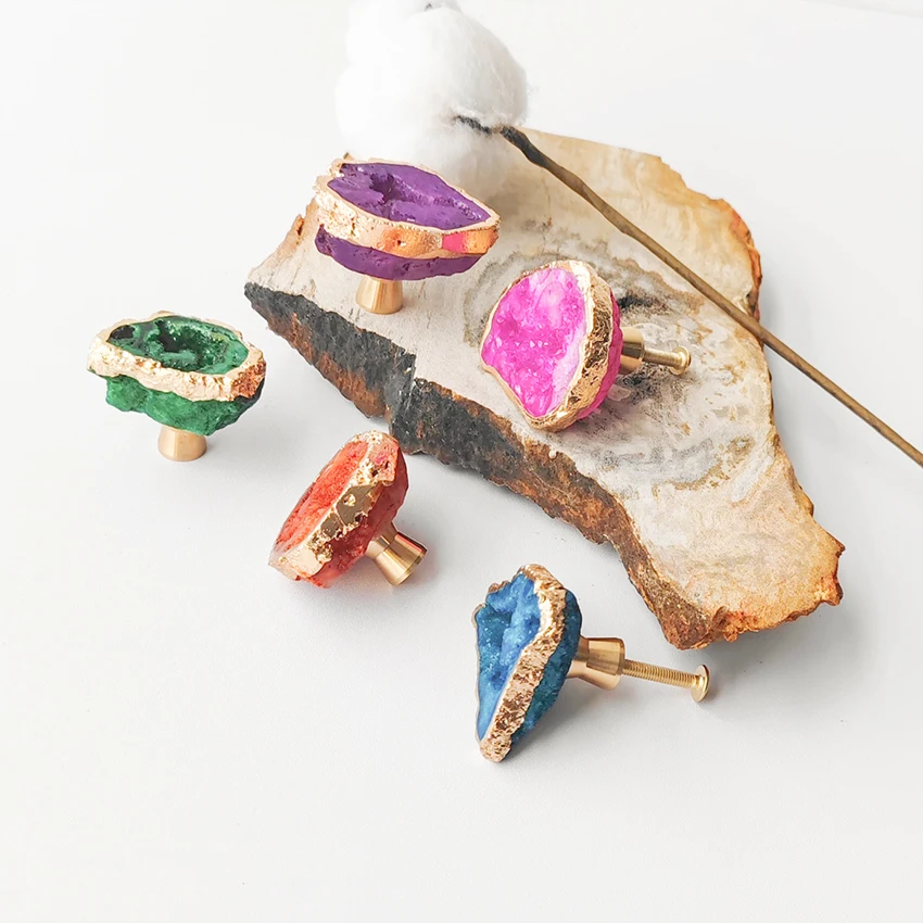 Natural Agate Crystal Geode Knobs Unique Colorful Stone Handle Pulls Thread Brass Small for Door Drawer Bedroom Cabinet