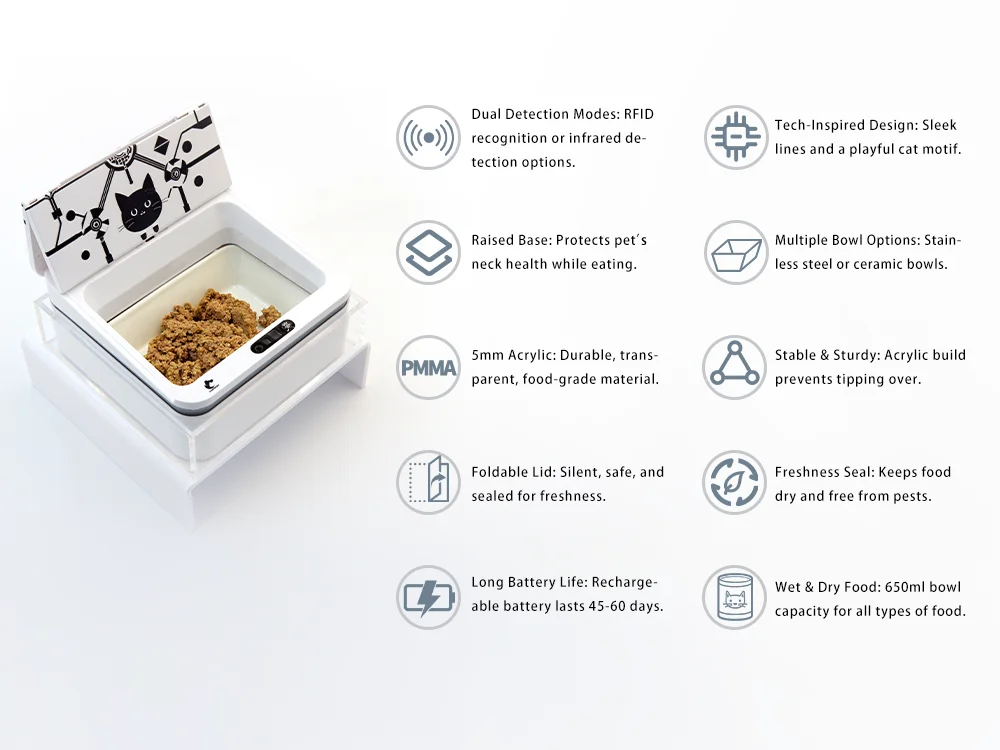 YACHIPET Smart Automatic Pet Feeder with RFID Sensor, Elevated Base, and 650ml Capacity for Wet & Dry Food