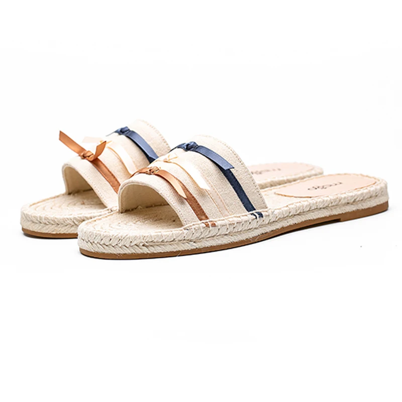 The women fashion popular colorful silk ribbon bow canvas vamp basic slipper slip on espadrilles flat shoes
