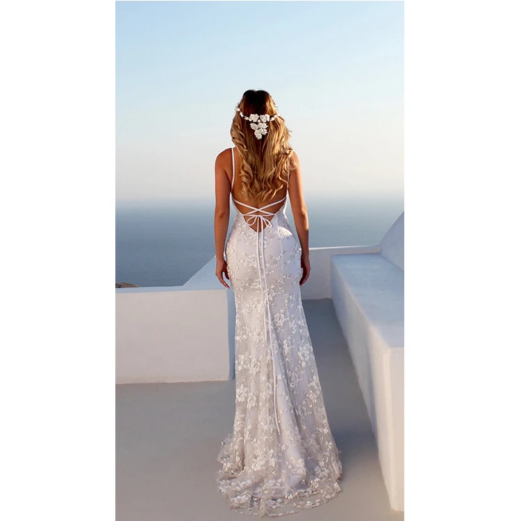 
Floral Embroidery Lace Prom Dress Elegant Floor Length Bridal Gowns Sexy Womens White Wedding Dress 