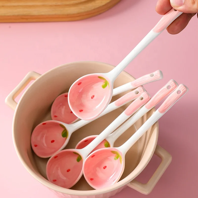 pink lovely cute strawberry coffee spoon long handle tea dessert ice cream ceramic spoons