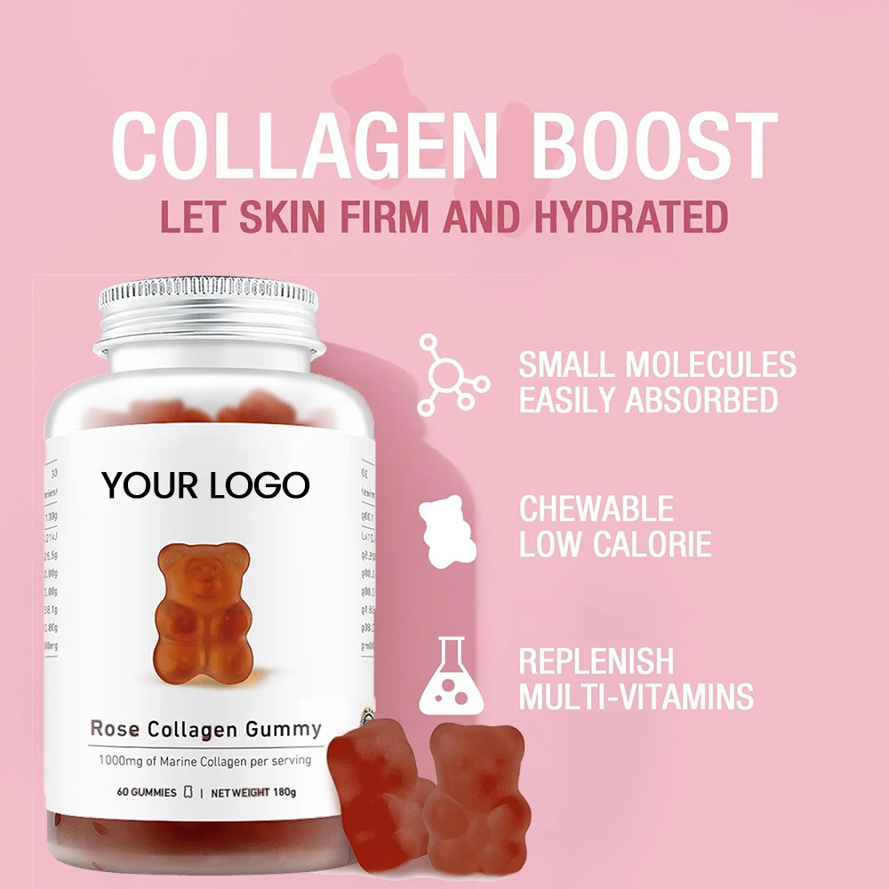 Rose Flavor Marine Hydrolyzed Collagen Gummies Private Label Factory Wholesale Skin Care Antioxidant Health Supplement Natural