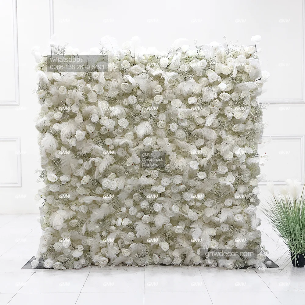 GNW Roll Up Wall 8*8 ft Artificial Silk Flower Wall Wedding Decoration White Wall Panel Backdrop