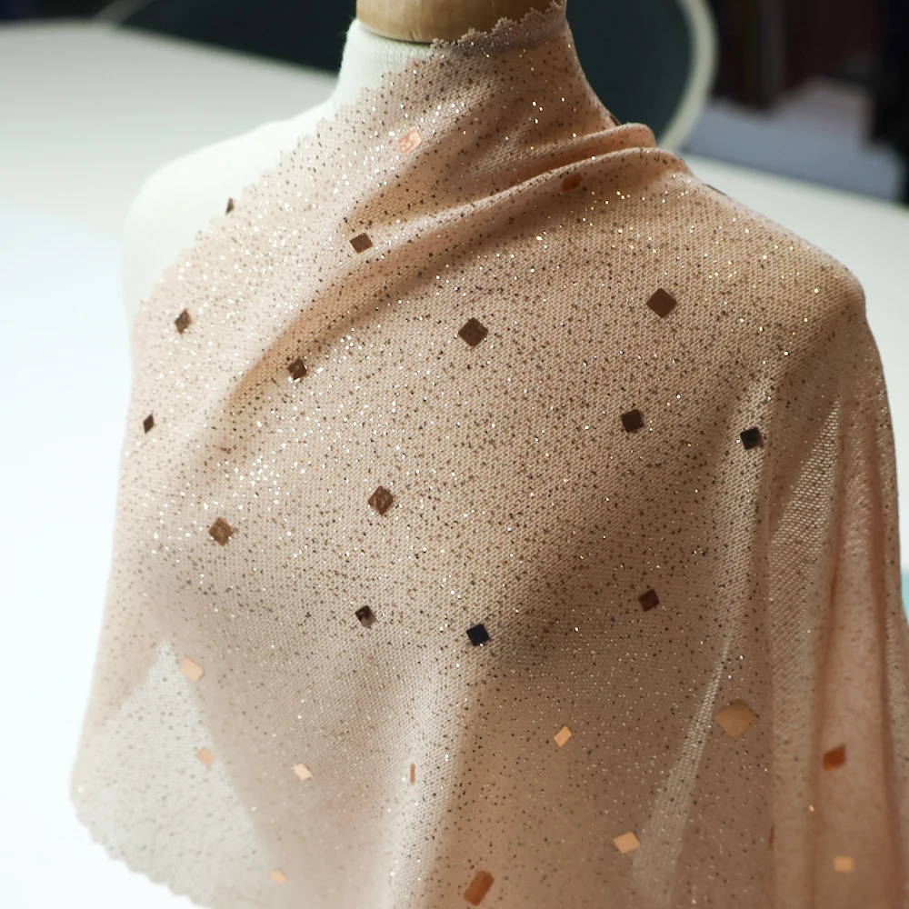 Custom high quality glitter glitter powder dyed lace fabric with sequins 100 polyester garment skirt fabric