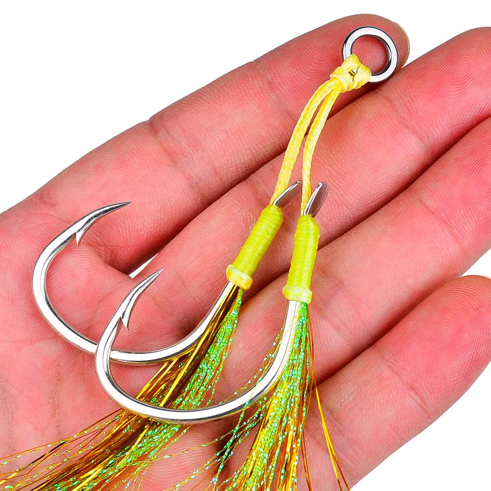 NEWMAJOR 1/0-5/0 Double Hooks for Deep Sea Boat Fishing Slow Swinging Iron Plate Tied Hair 2 Pairs/Pkg Sea Fishing Accessories