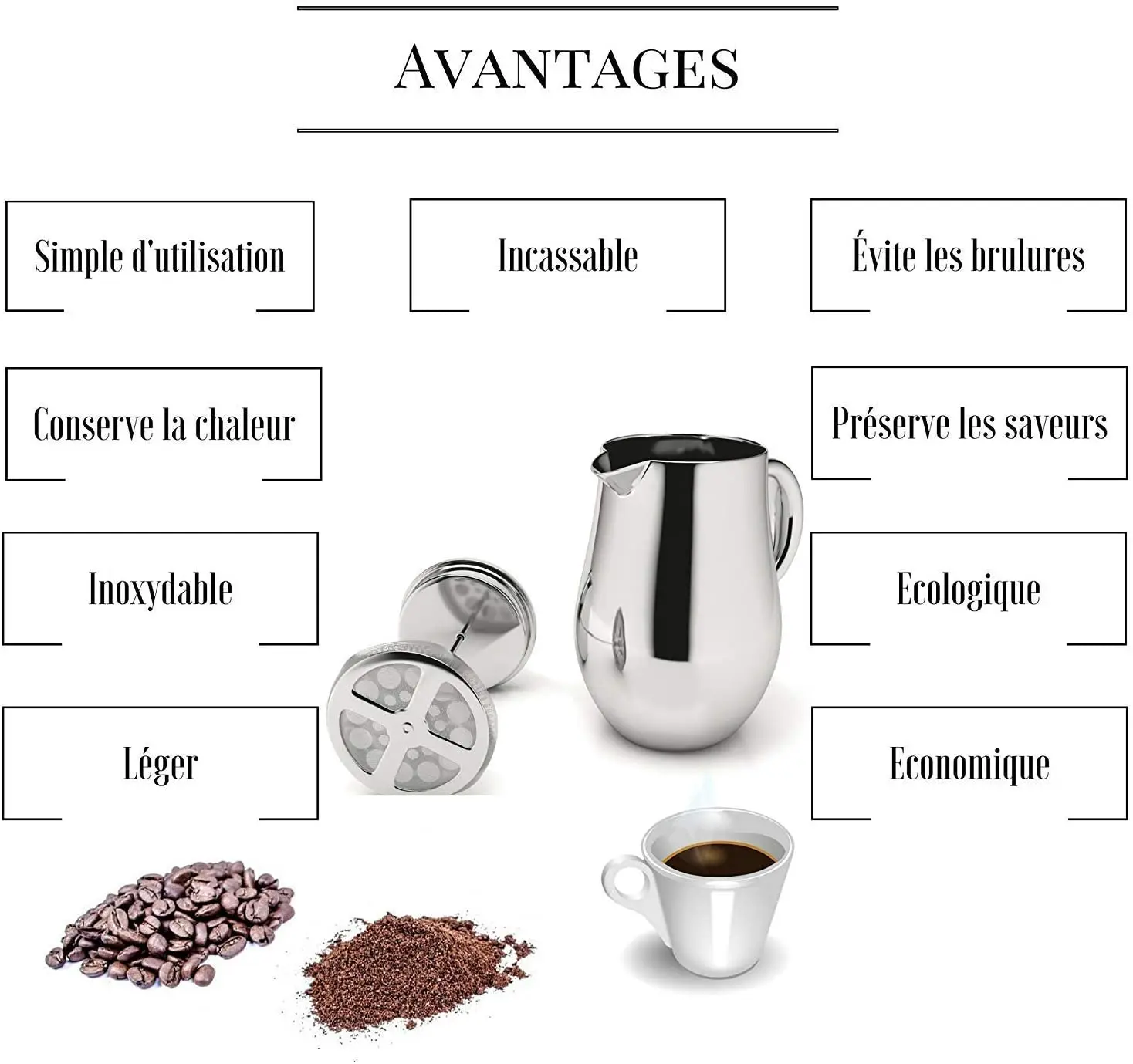 Stainless Steel French Press Cafetiere Double Wall Simple Manual Coffee Maker