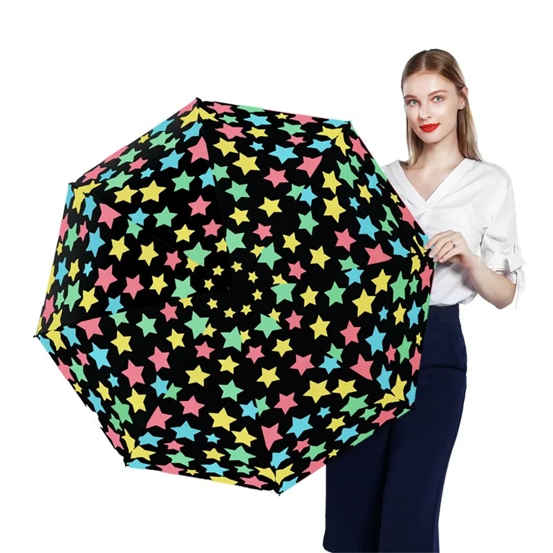 Customized water color changing automatic 3 folding umbrella with star pattern