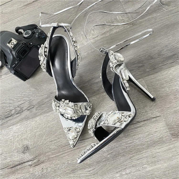 Rhinestone fashion 2022 new high heeled pointed bride wedding shoes women crystal stiletto sandals rope sandal