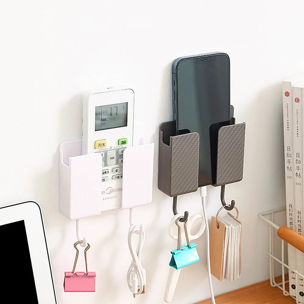 Wall Mounted Remote Control Holder Mobile Phone Storage Organizer Home Plastic Rack With 2 Hooks