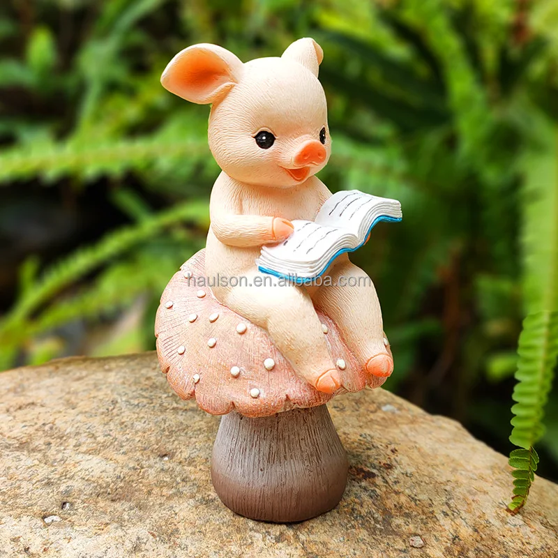 Lovely Resin Statue Ornaments of Reading Pig and Knitting Rabbit New Animal Crafts for Home and Garden Decoration