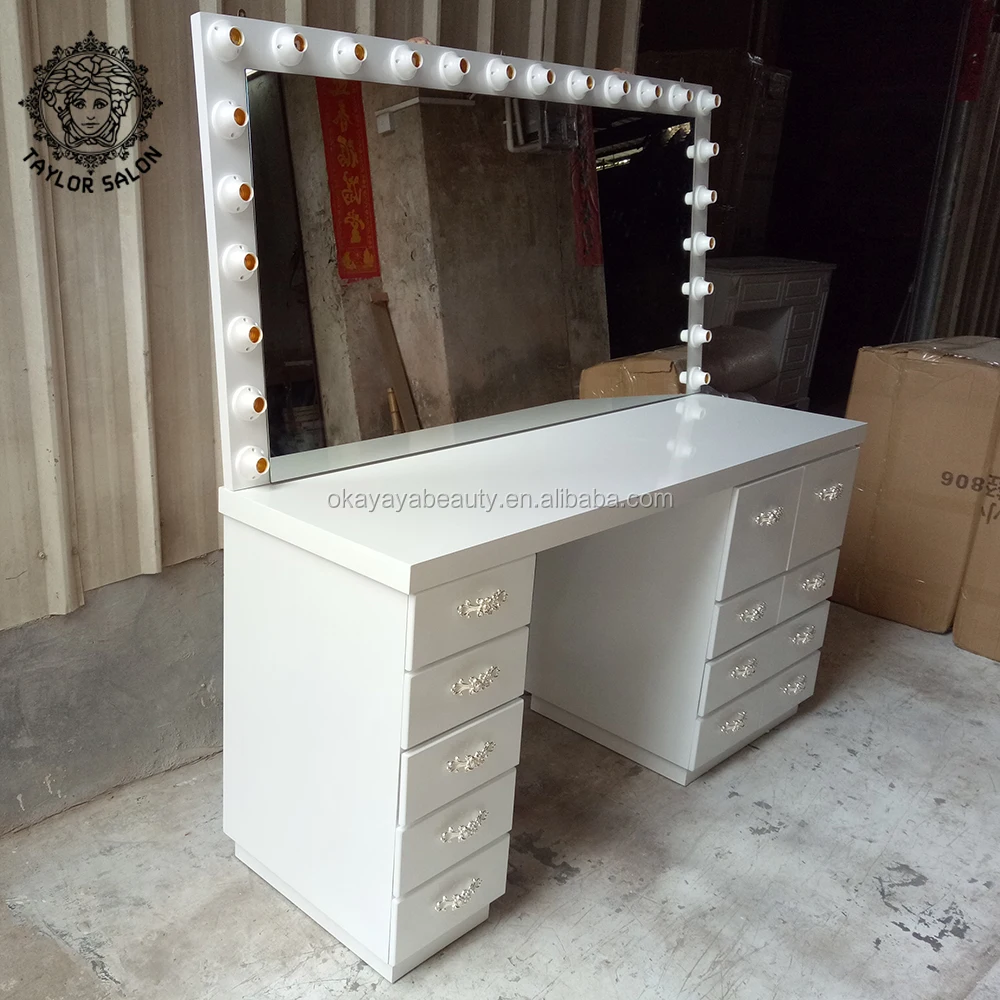Commercial salon furniture vanity table dressing tables white salon mirror professional makeup station with lights