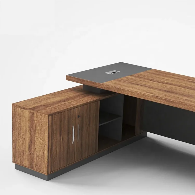 Traditional Style Single Person Executive Office Manager Desk With Walnut Veneer L Shape Wood Working Table For Home Office Use
