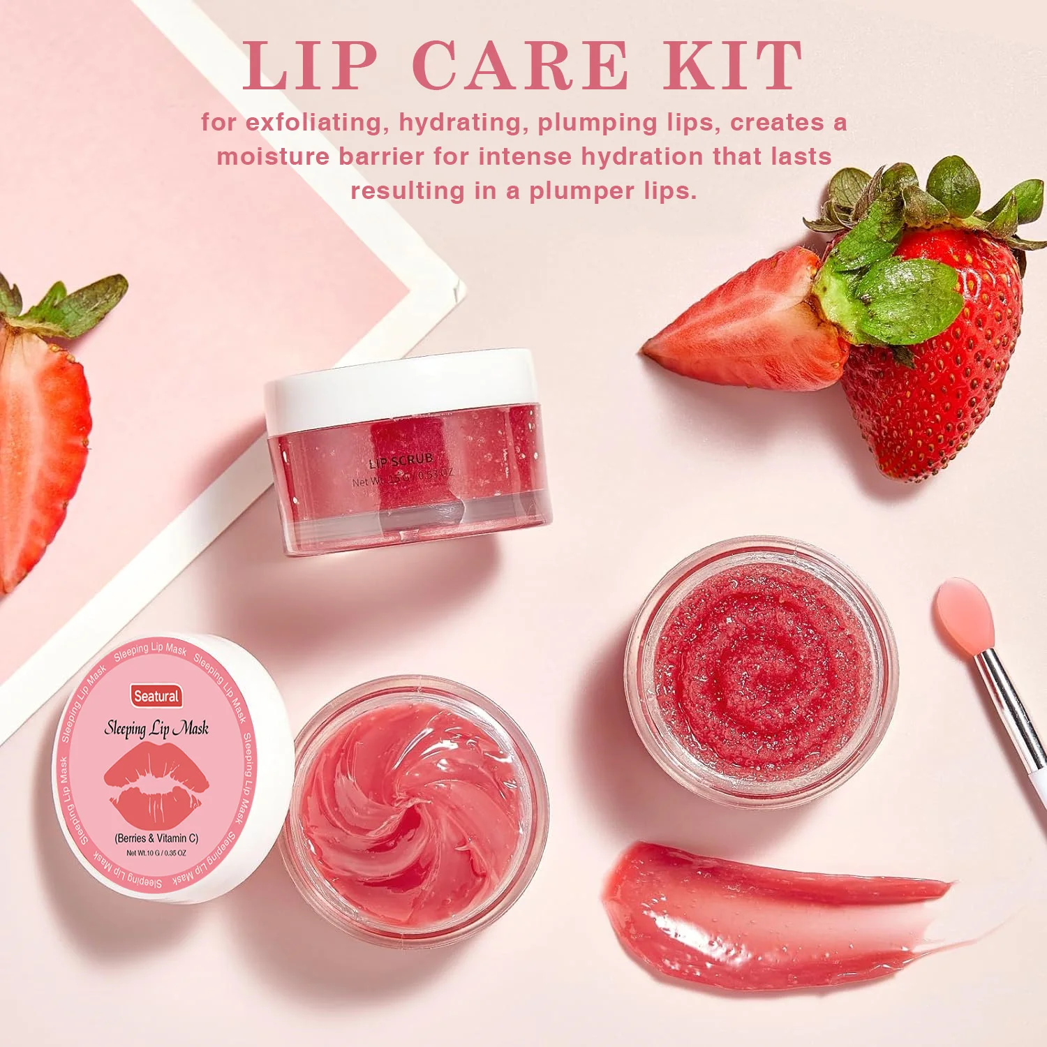 Private Label Lip Care Kit Strawberry Lip Treatment Sleeping Mask & Exfoliator Scrub for Dry Chapped Cracked Peel Lips Repair