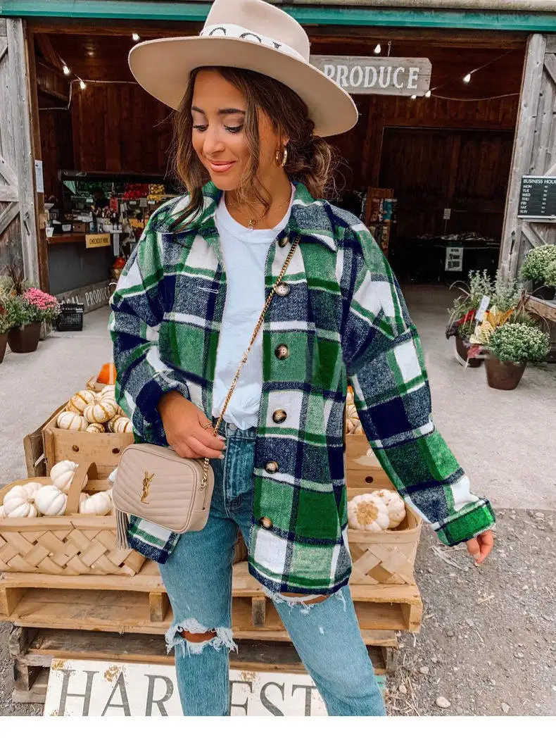 2022 Wholesale Women Clothes Outdoor Jacket Women Plaid Shacket Ladies Flannel Jacket