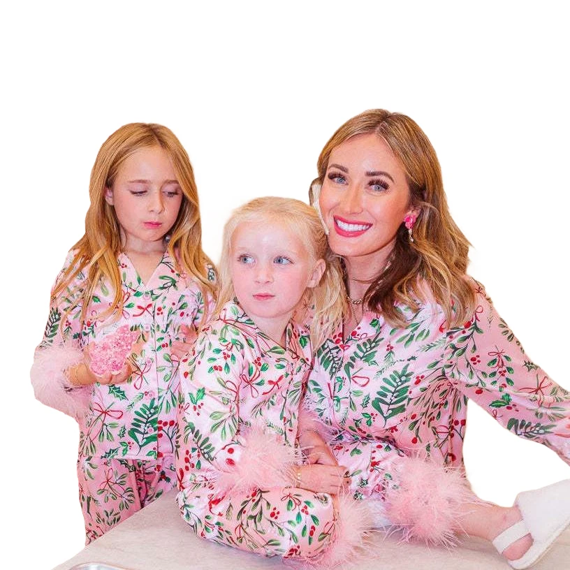 Rarewe Custom Terry Mom And Me Elastic Satin Sleepwear Feather Trim Women Loungewear Sets Girls Pajamas