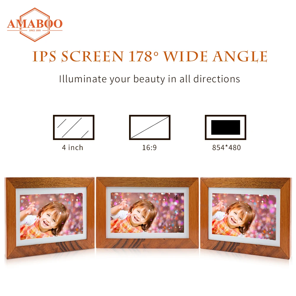 small size 4inch wood digital frame electronic lcd Mini Full Hd Mp3 Shop Wooden Frame Video Advertising player for nft display